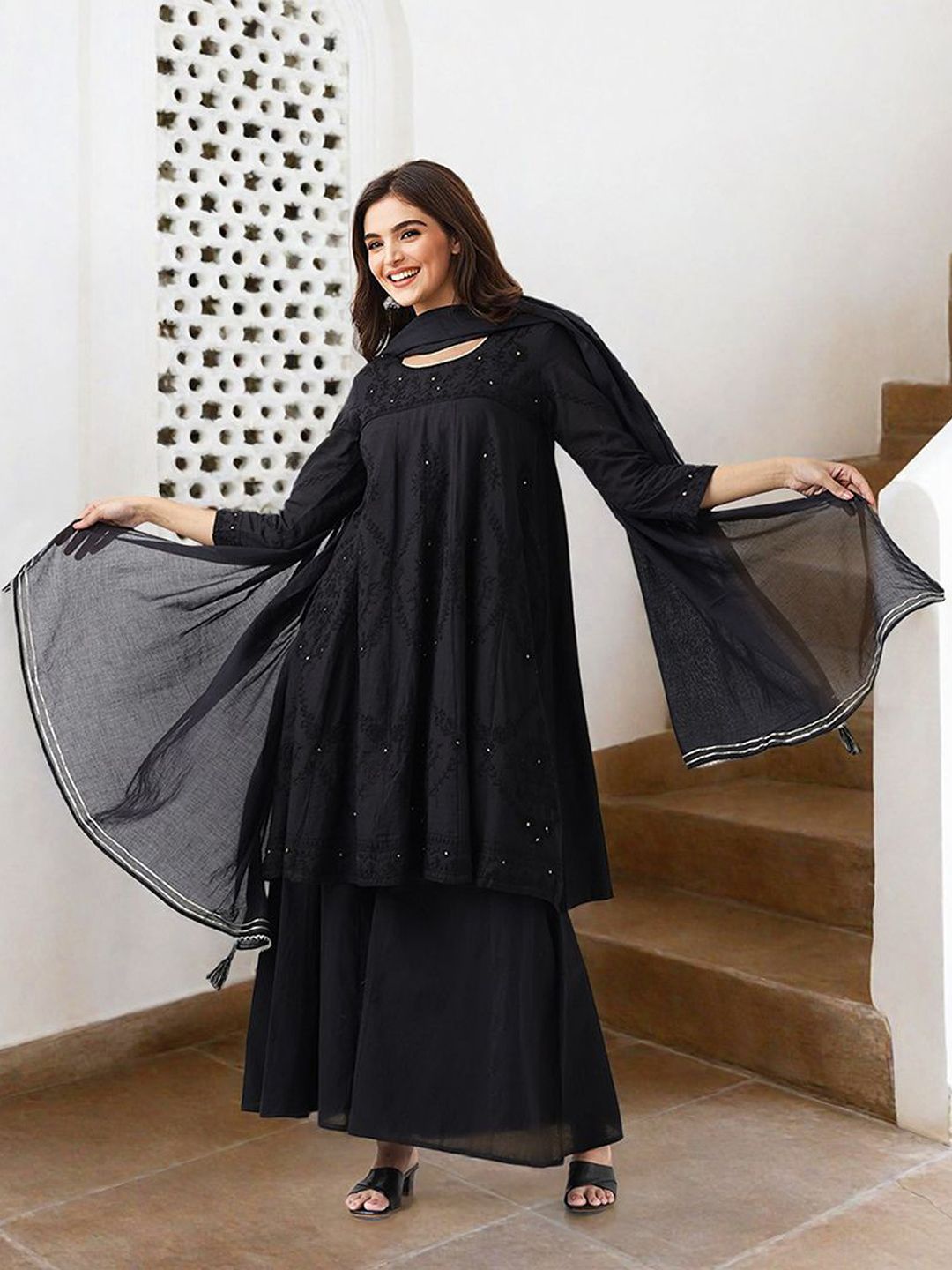 Dhiyona IS Women's Ethnic Motifs Embroidered Pure Cotton A-Line Kurta With Palazzo & Dupatta