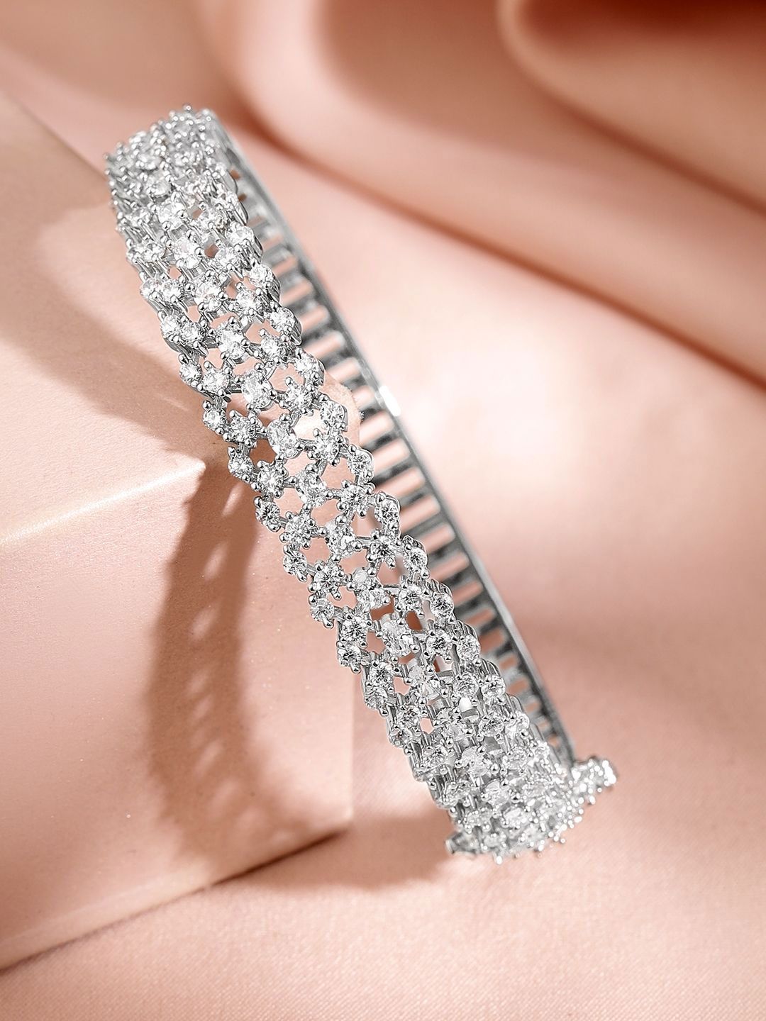 Dhiyona RJ Women's Rhodium Plated Cubic Zirconia Cuff Bracelet