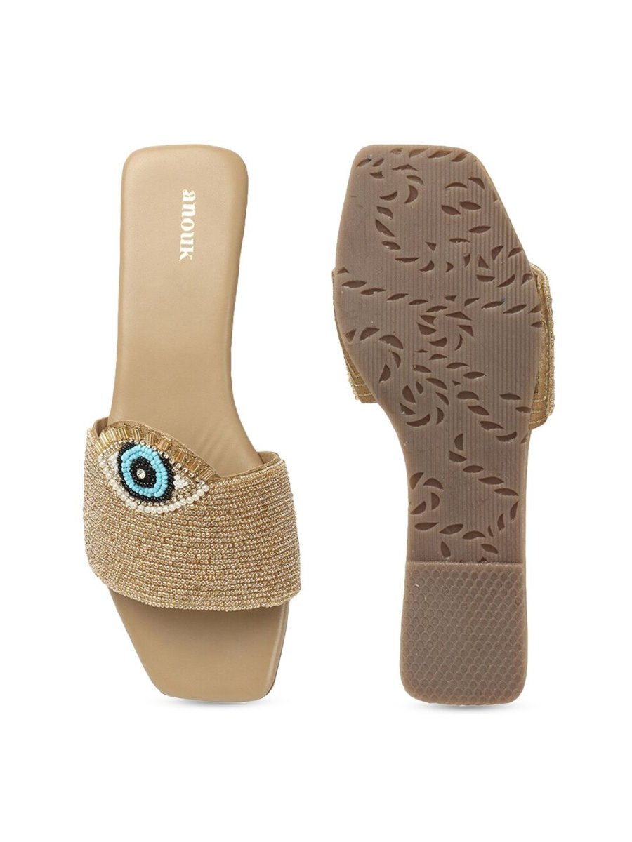 Dhiyona AK Beige Embellished Evil Eye Classic Open Toe Flats
