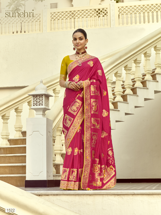Dhiyona KM Women Red Banarasi Silk Saree With Yellow Blouse & Golden Mirror Work