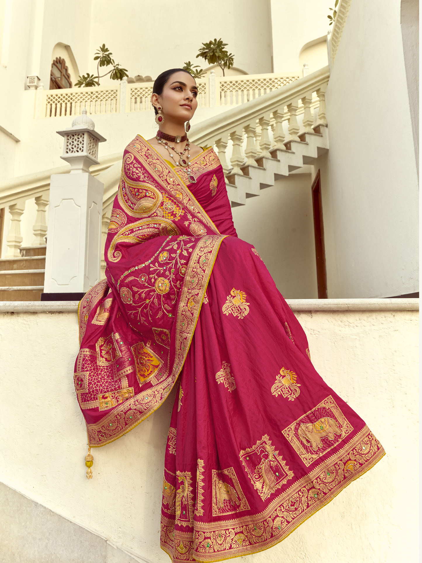 Dhiyona KM Women Red Banarasi Silk Saree With Yellow Blouse & Golden Mirror Work
