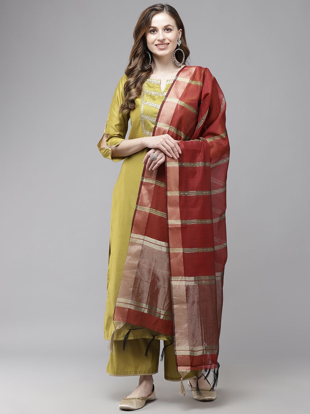 Dhiyona IE Women Olive Green Regular Liva Kurta with Trousers & With Dupatta