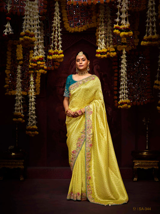 Dhiyona KM Women The Pista Banarasi Silk Saree & Forest Green Georgette Blouse