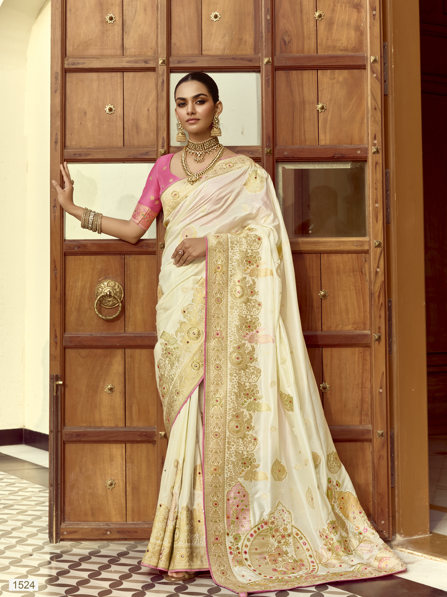 Dhiyona KM Women Cream Banarasi Silk Saree With Contrast Blouse