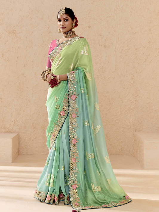 Dhiyona KM Women Shaded Green & Aqua Tussar Silk Saree