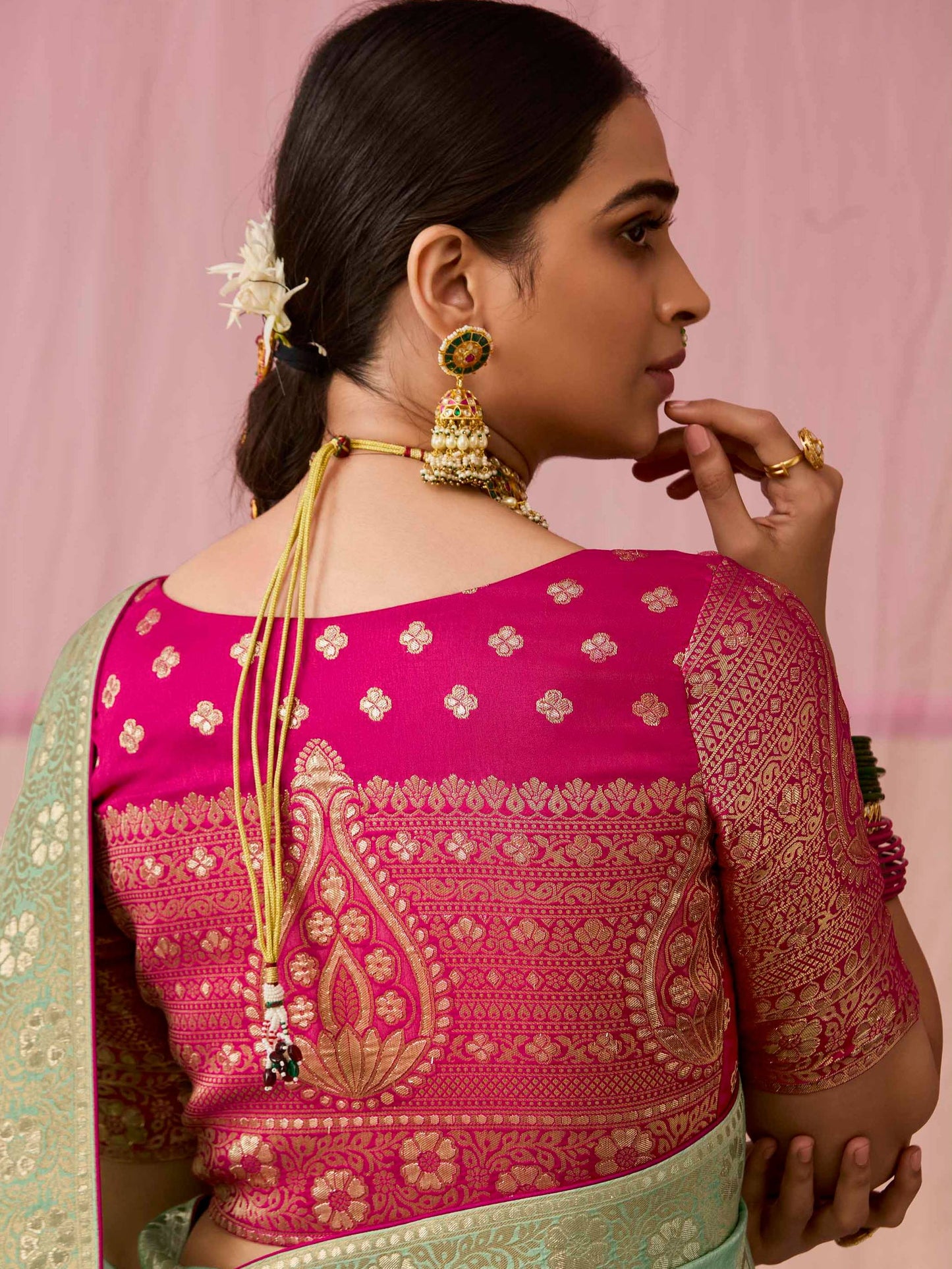 Dhiyona KM Women Sea Green Dola Silk Saree With Red Golden Embroidered Blouse