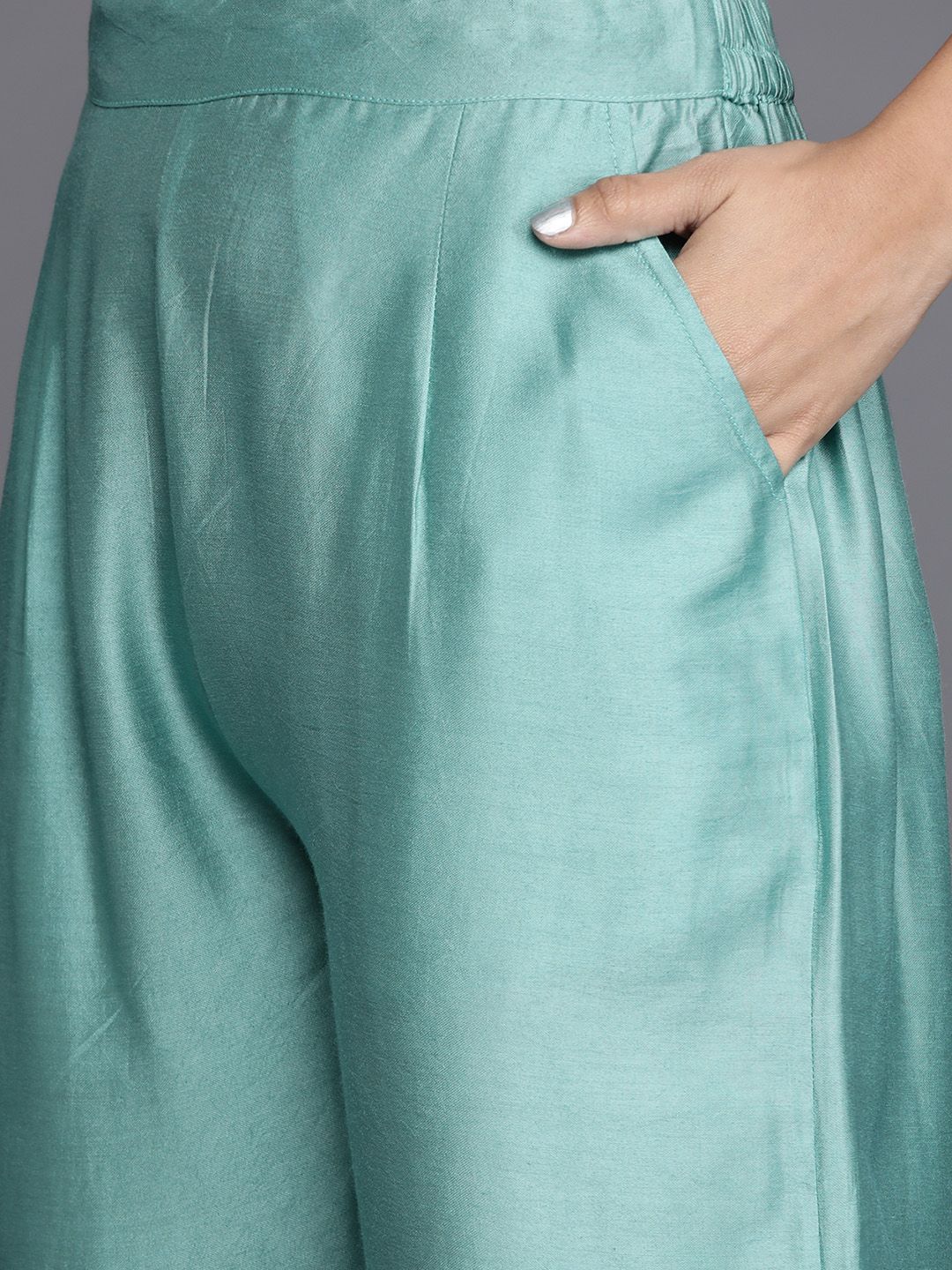 Dhiyona VA Women's Green Yoke Design Thread Work Dupion Silk Kurta with Trousers & Dupatta