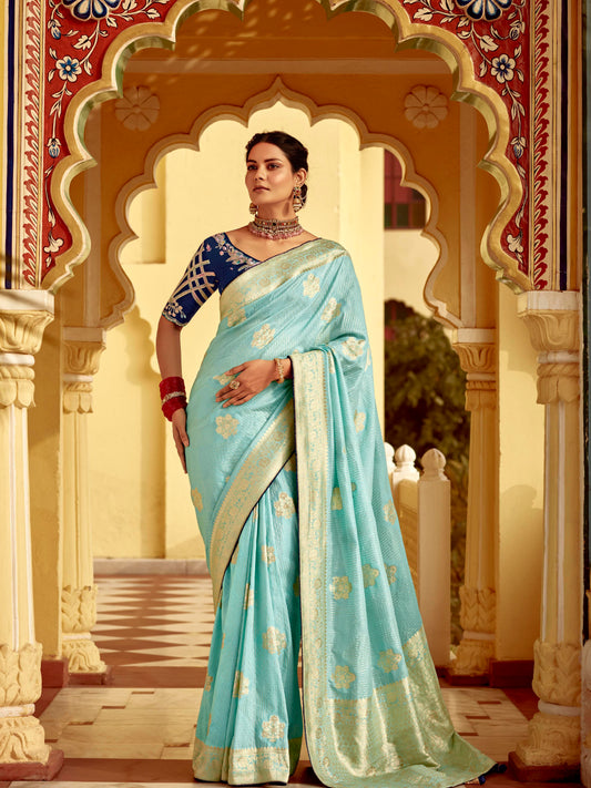 Dhiyona KM Women Sky Blue Banarasi Silk Saree With Zari Weaving