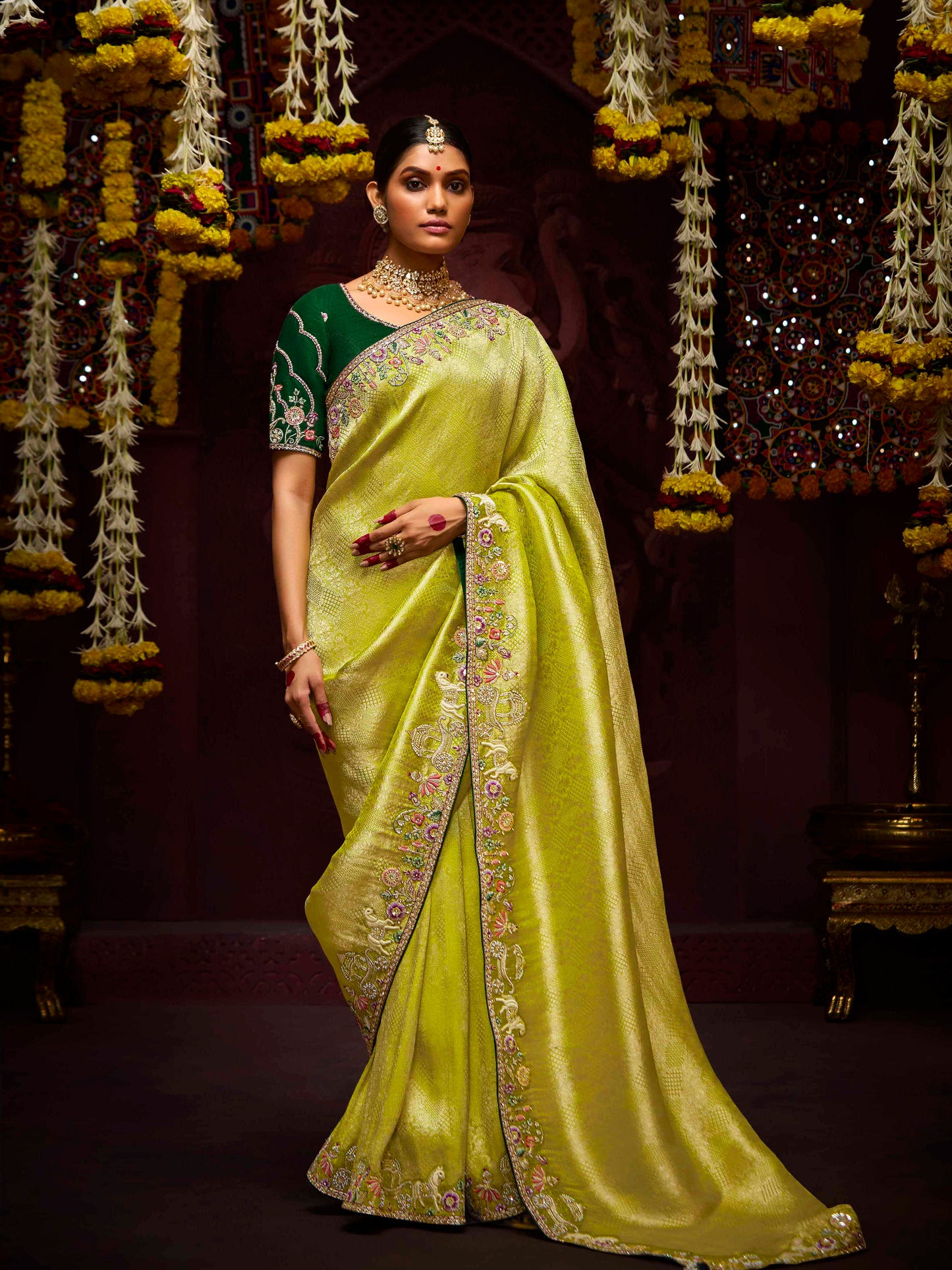 Dhiyona KM Women The Pista Banarasi Silk Saree & Forest Green Georgette Blouse