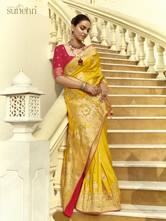 Dhiyona KM Women Golden Yellow Banarasi Silk Saree With Red Contrast Blouse