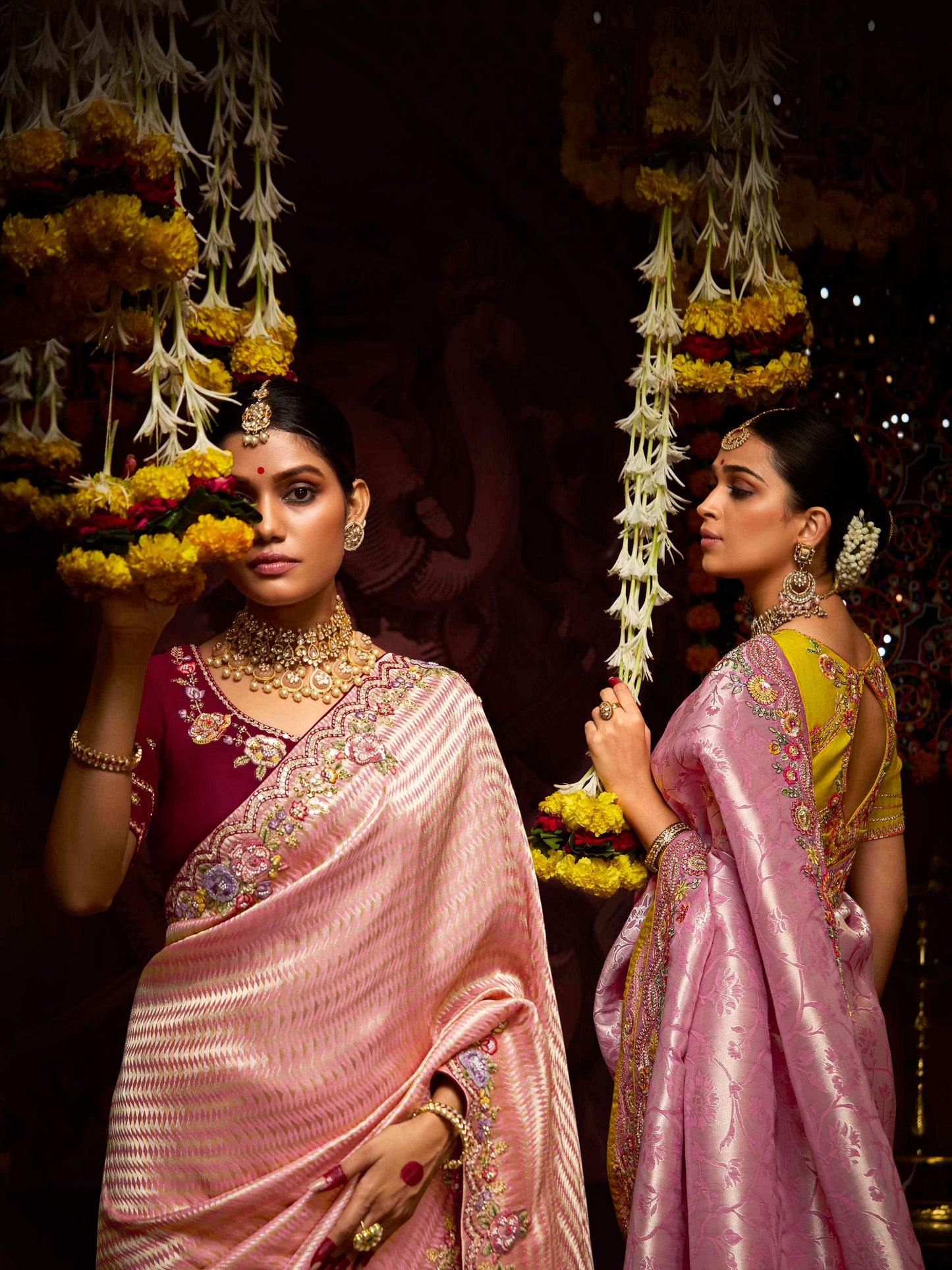 Dhiyona KM Women The Blossom Pink Banarasi Saree With Maroon Reverie Blouse