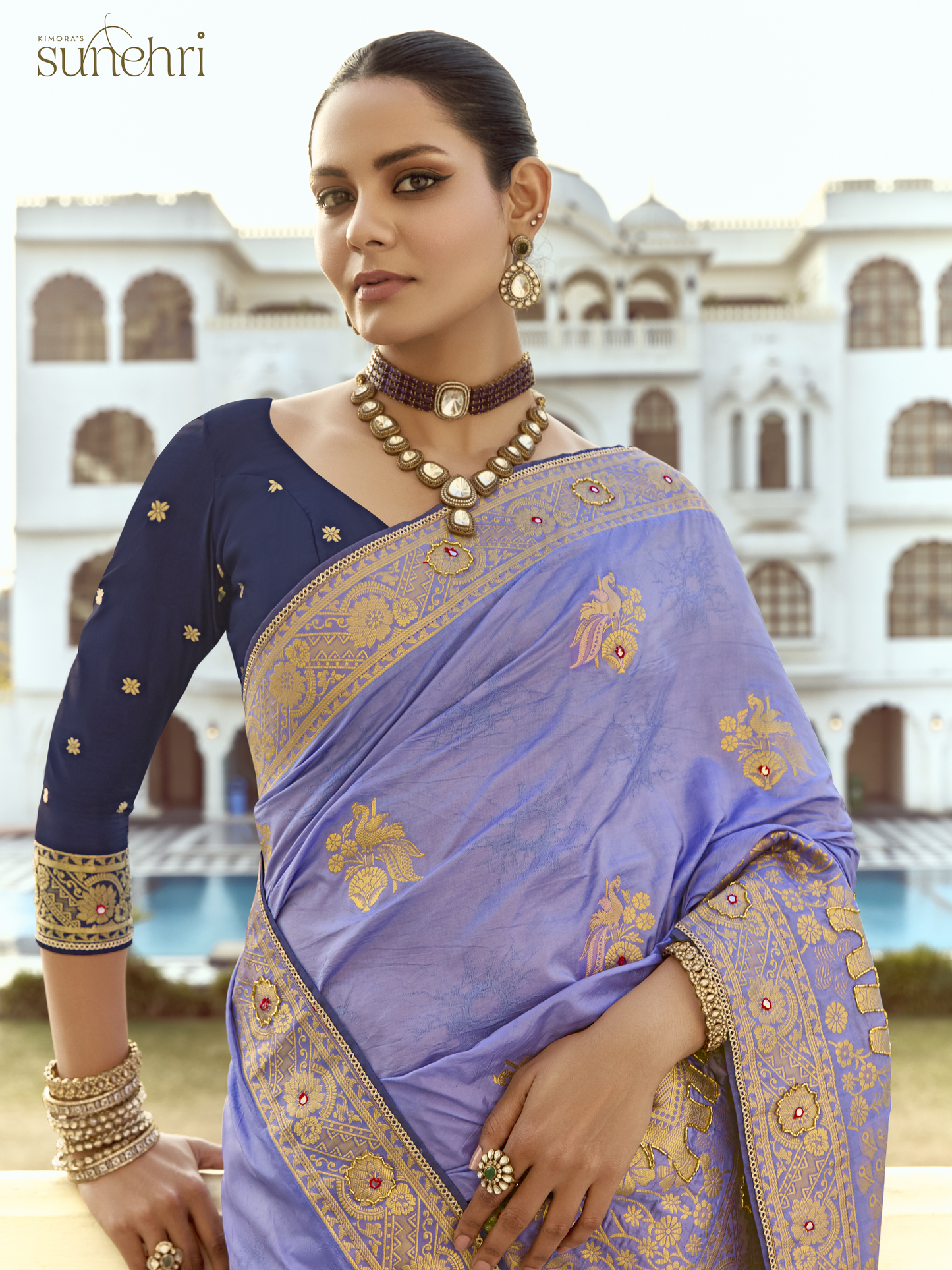 Dhiyona KM Women Lavender Banarasi Silk Saree With Blue Contrast Blouse