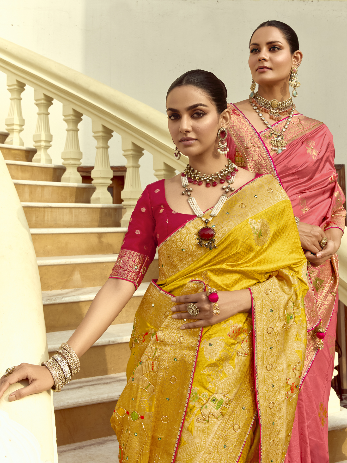 Dhiyona KM Women Peach Pink Banarasi Silk Saree With Contrast Blouse