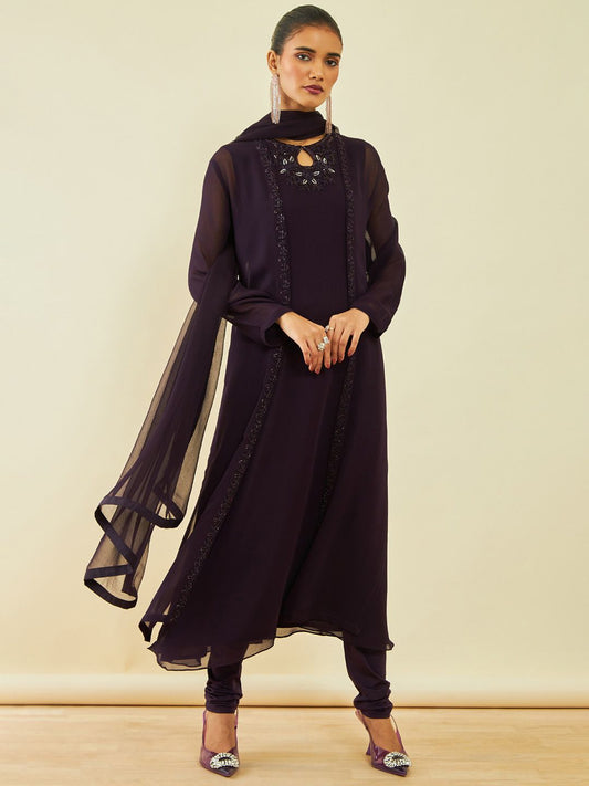Dhiyona SO Women's Burgundy Embroidered Regular Beads and Stones Kurta with Churidar & Dupatta