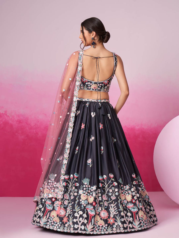 Women Grey Satin Silk Sequin embroidery Lehenga choli & Dupatta