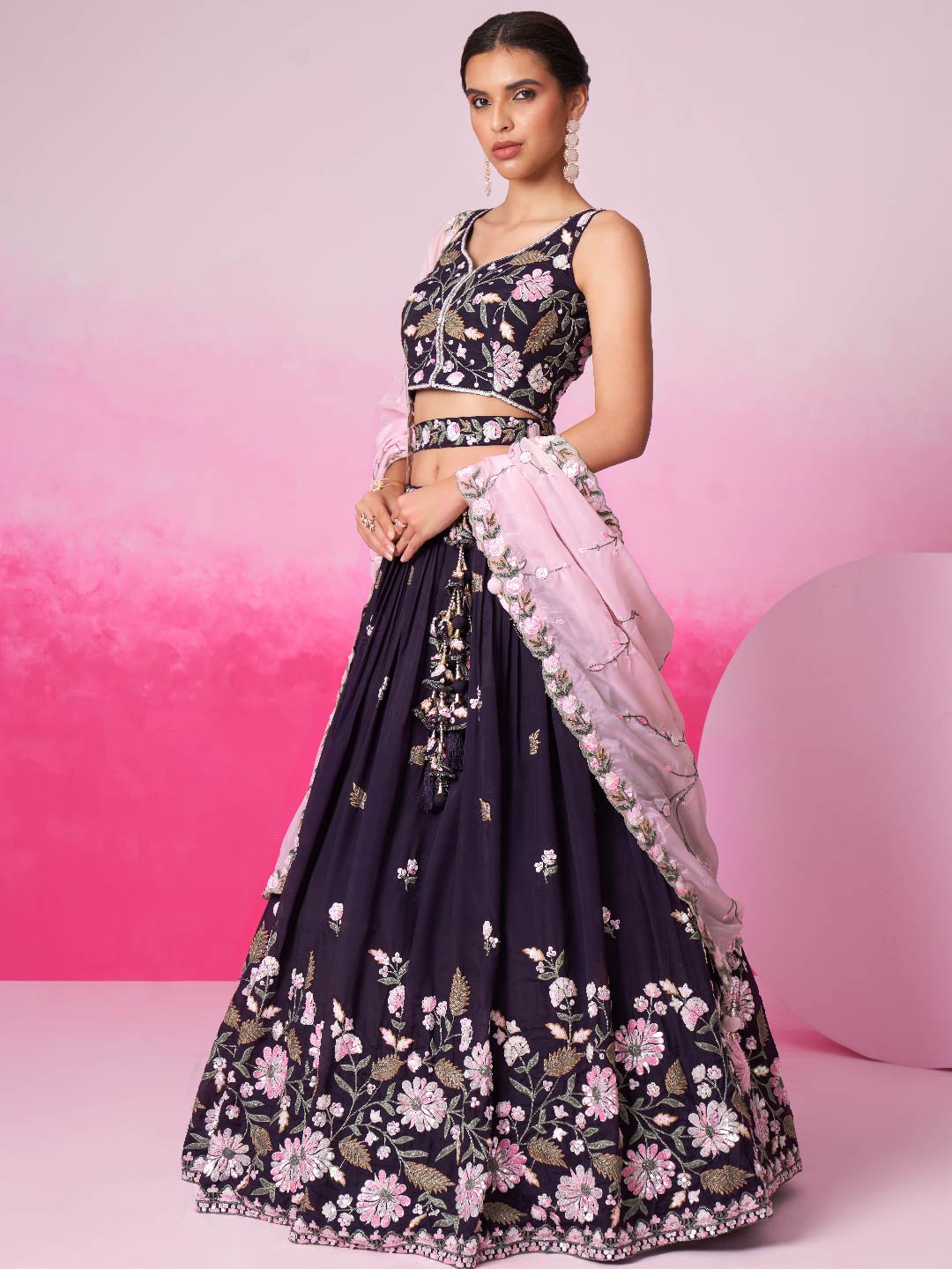 Women Purple Organza Sequins embroidery Lehenga choli & Dupatta
