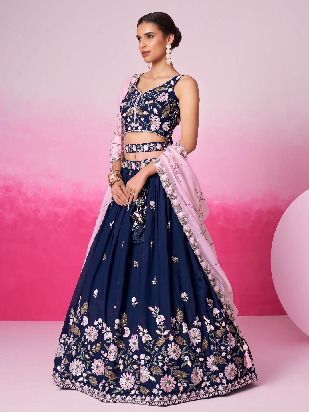 Women Navy blue Organza Sequins embroidery Lehenga choli & Dupatta