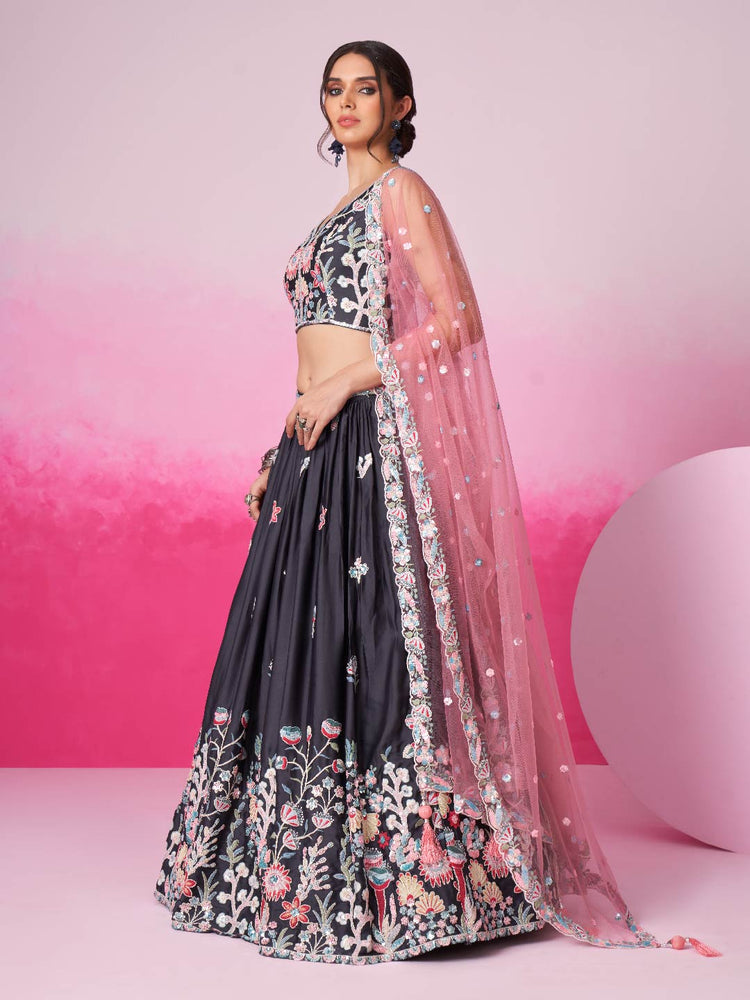 Women Grey Satin Silk Sequin embroidery Lehenga choli & Dupatta
