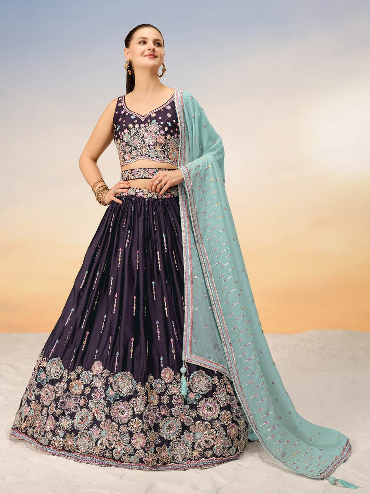 Women Burgundy Satin Silk Sequins with heavy Sequins embroidery Lehenga choli & Dupatta