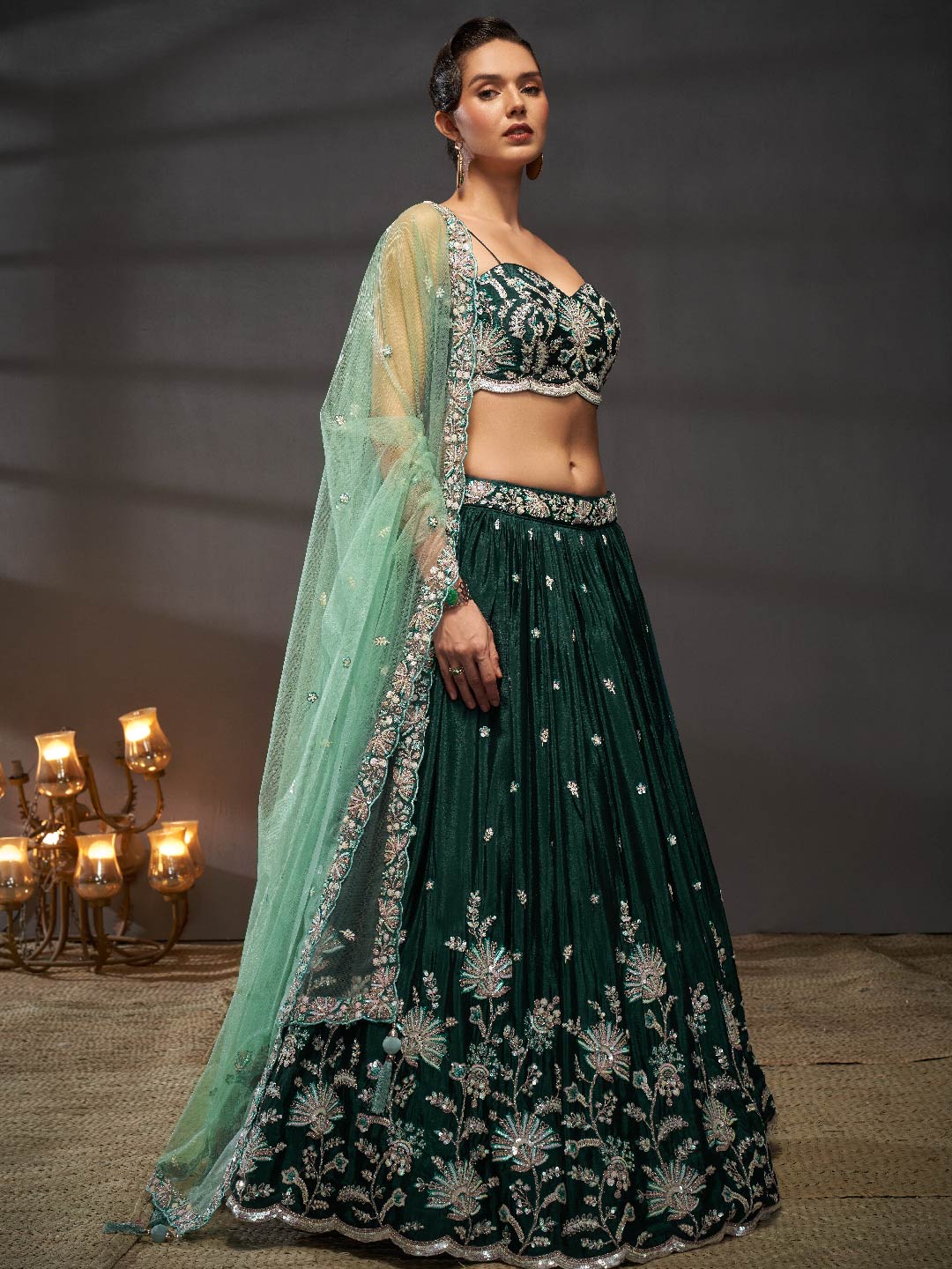 Women Green Pure Chiffon Sequins embroidery Lehenga choli & Dupatta