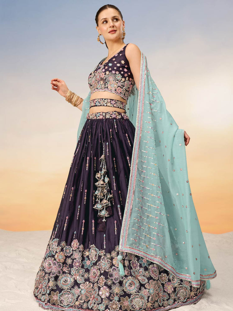 Women Burgundy Satin Silk Sequins with heavy Sequins embroidery Lehenga choli & Dupatta