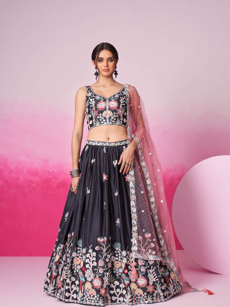 Women Grey Satin Silk Sequin embroidery Lehenga choli & Dupatta