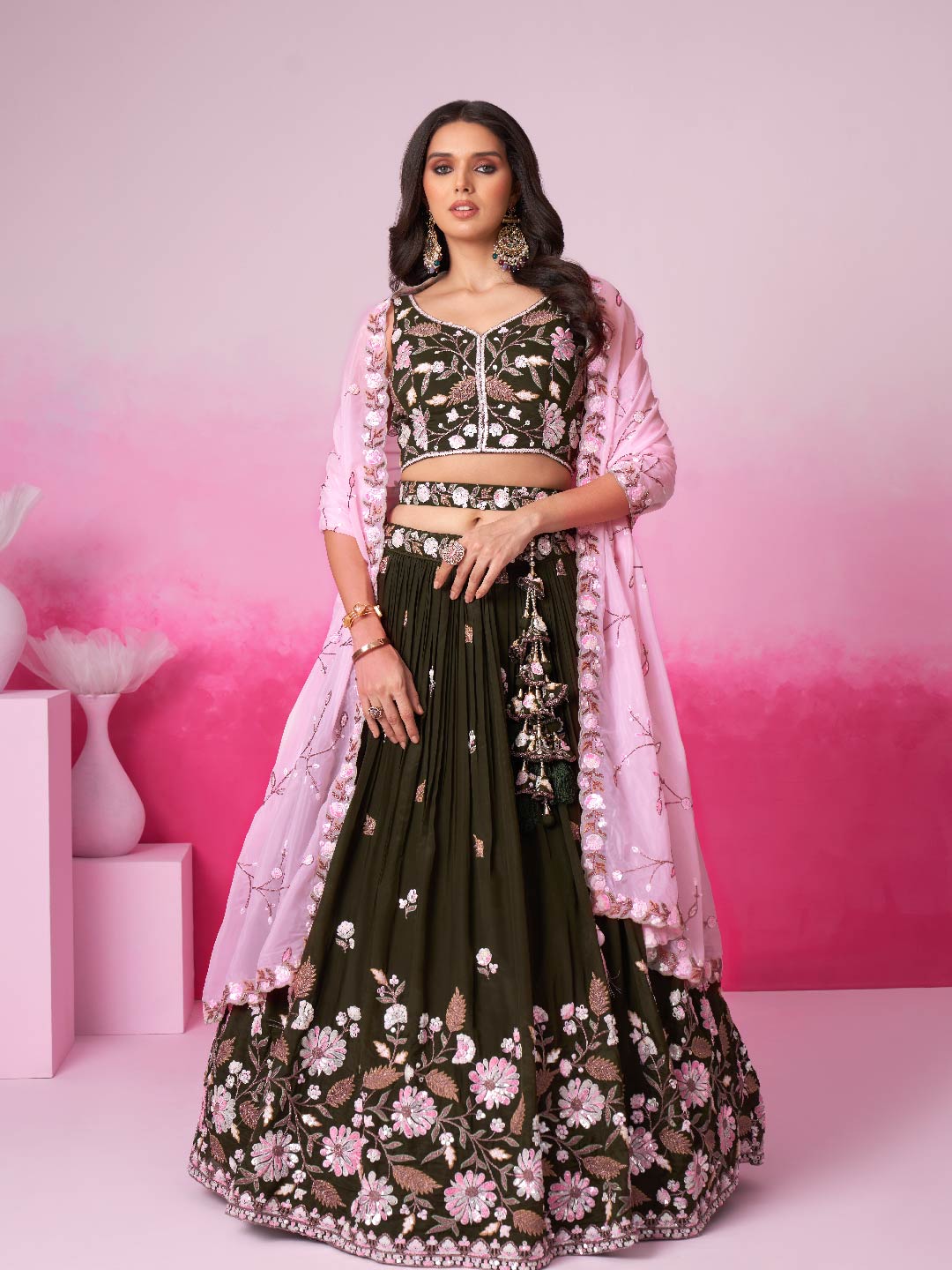 Women Olive Organza Sequins embroidery Lehenga choli & Dupatta
