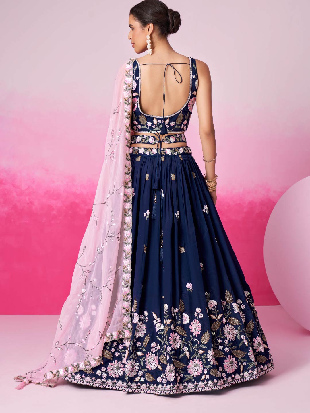 Women Navy blue Organza Sequins embroidery Lehenga choli & Dupatta