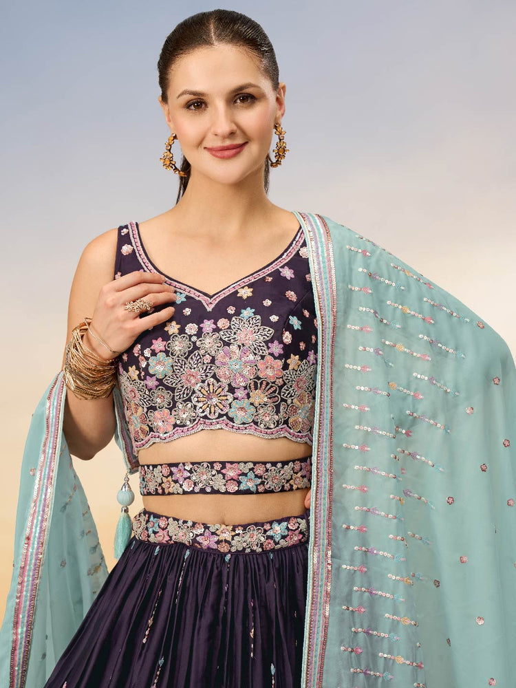 Women Burgundy Satin Silk Sequins with heavy Sequins embroidery Lehenga choli & Dupatta