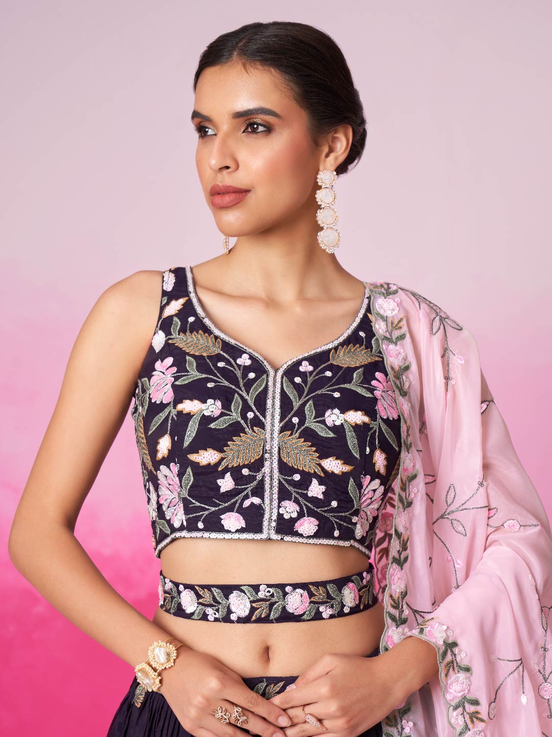 Women Purple Organza Sequins embroidery Lehenga choli & Dupatta