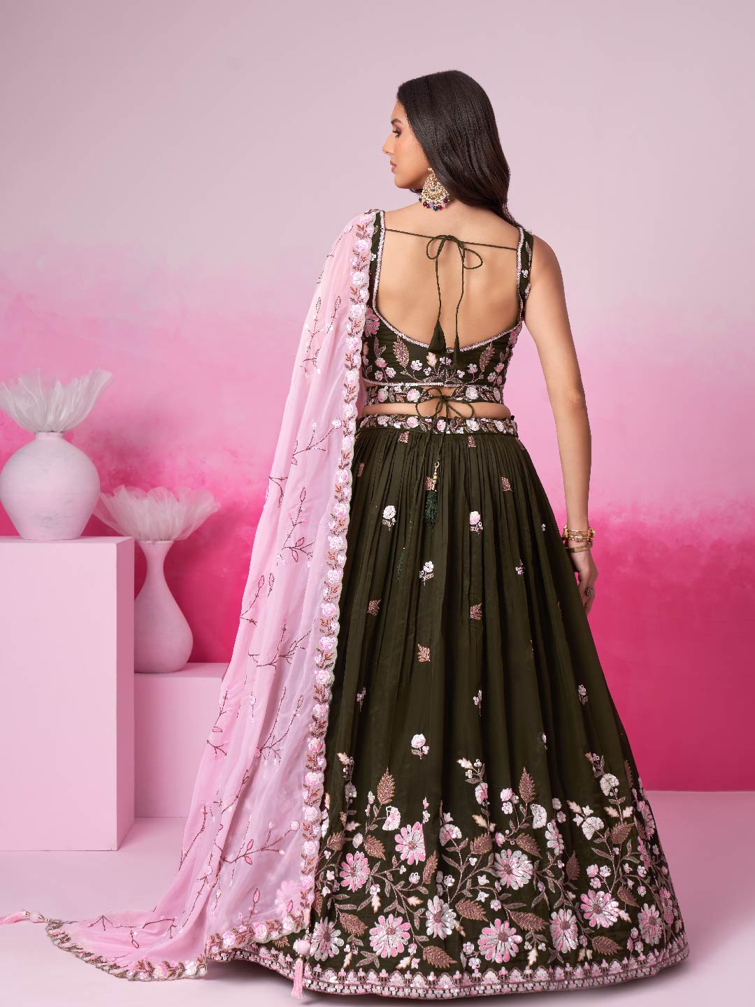Women Olive Organza Sequins embroidery Lehenga choli & Dupatta