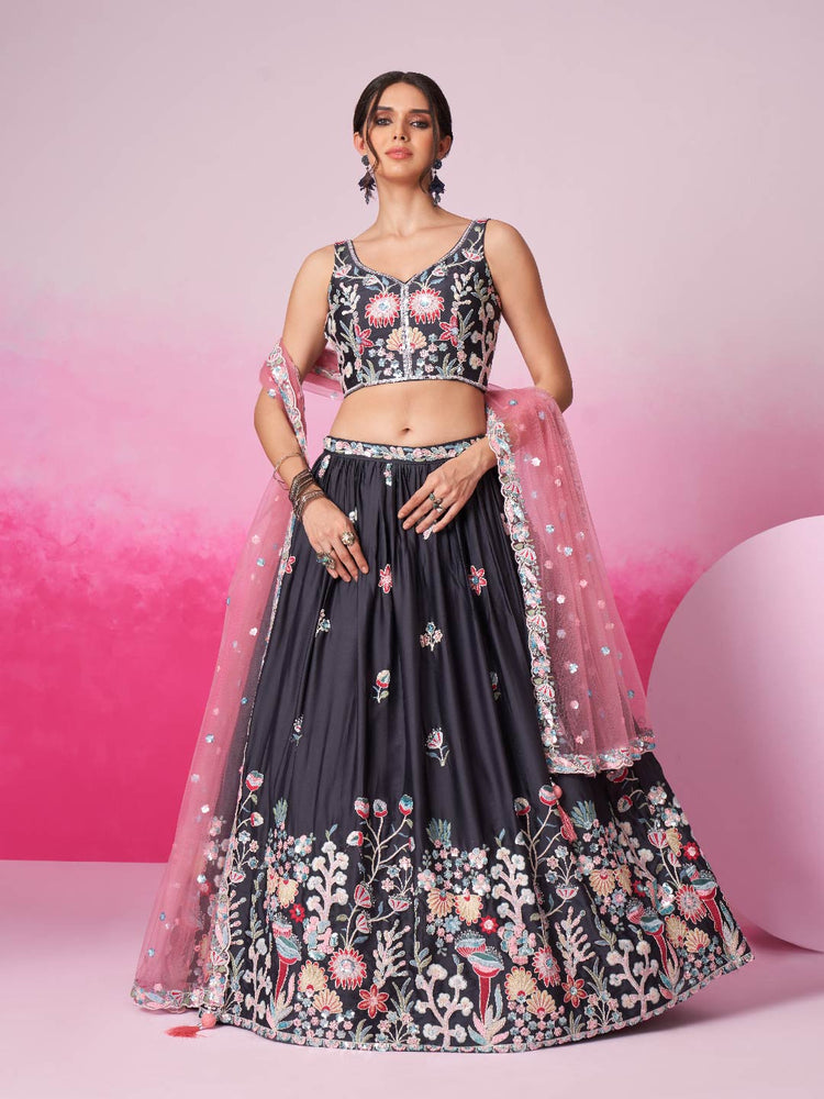 Women Grey Satin Silk Sequin embroidery Lehenga choli & Dupatta