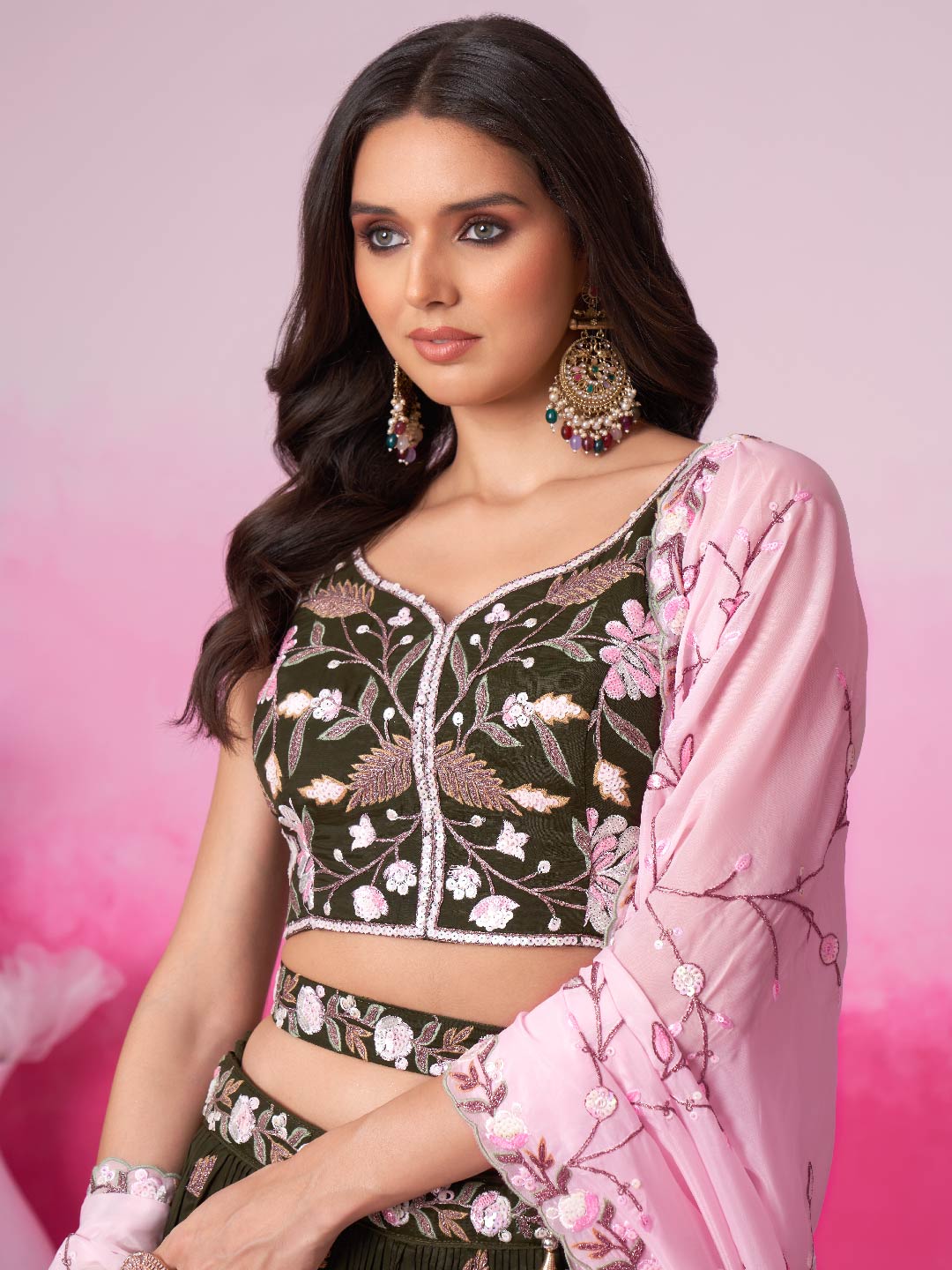 Women Olive Organza Sequins embroidery Lehenga choli & Dupatta