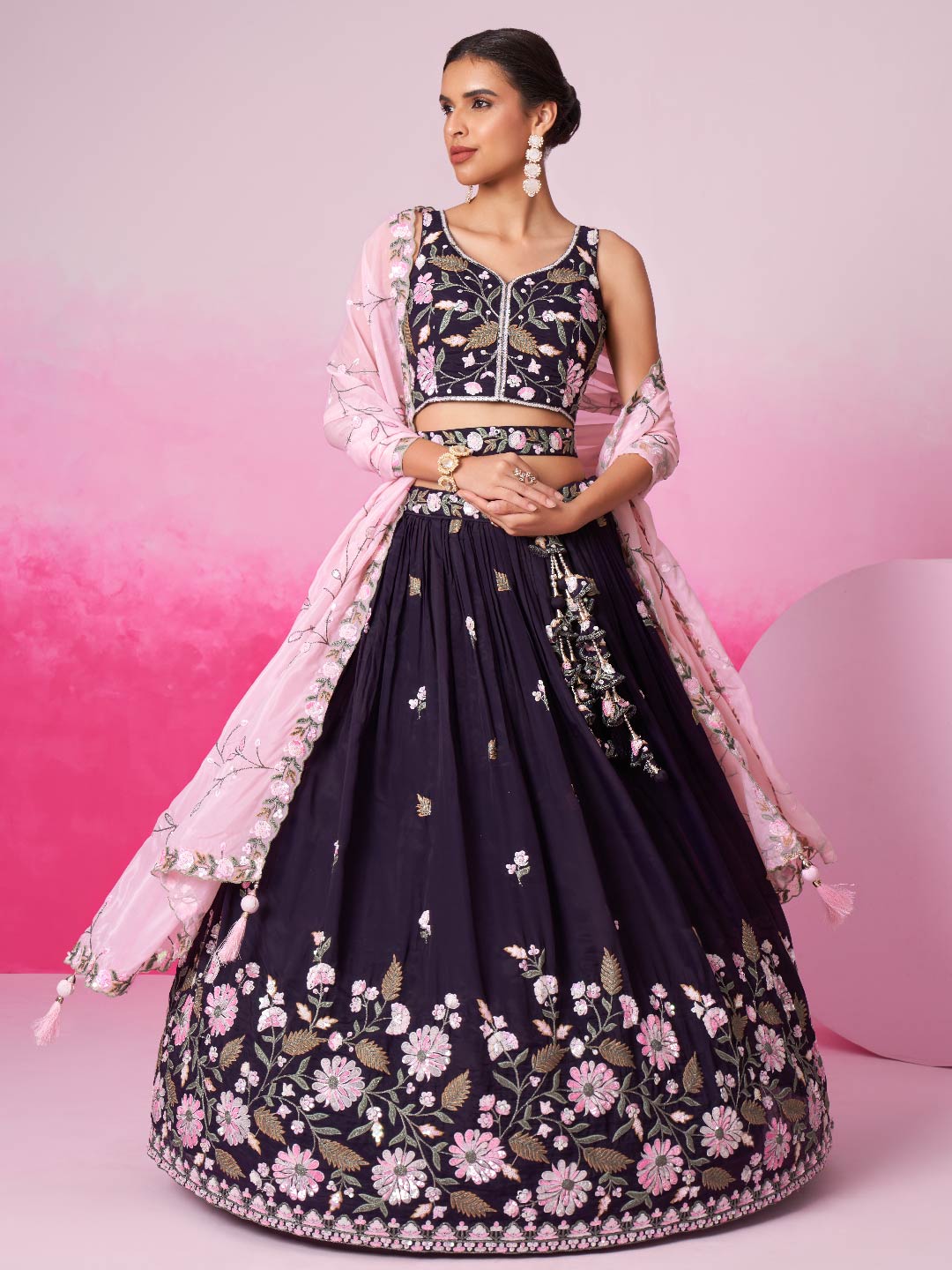 Women Purple Organza Sequins embroidery Lehenga choli & Dupatta