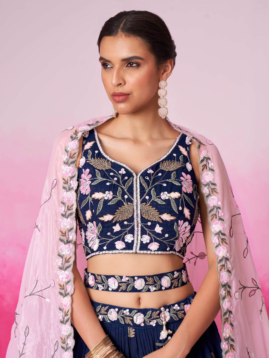 Women Navy blue Organza Sequins embroidery Lehenga choli & Dupatta