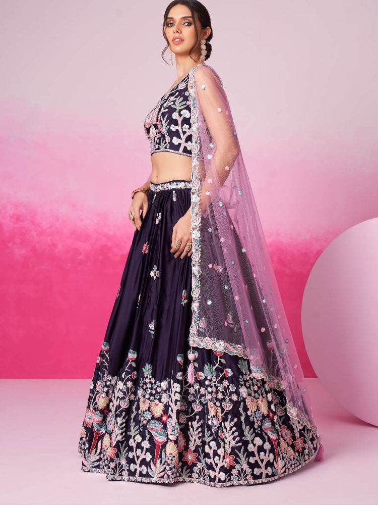 Women Purple Satin Silk Sequin embroidery Lehenga choli & Dupatta
