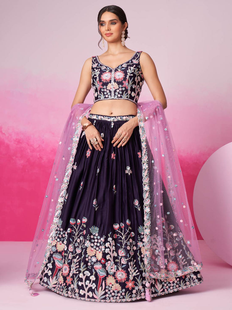Women Purple Satin Silk Sequin embroidery Lehenga choli & Dupatta