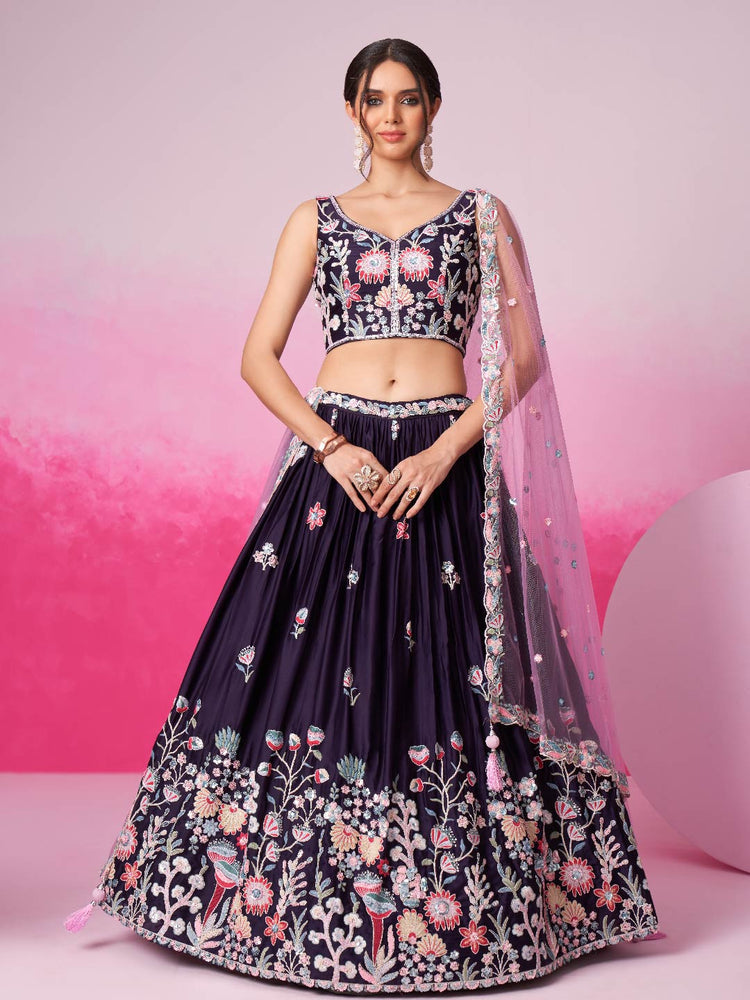 Women Purple Satin Silk Sequin embroidery Lehenga choli & Dupatta