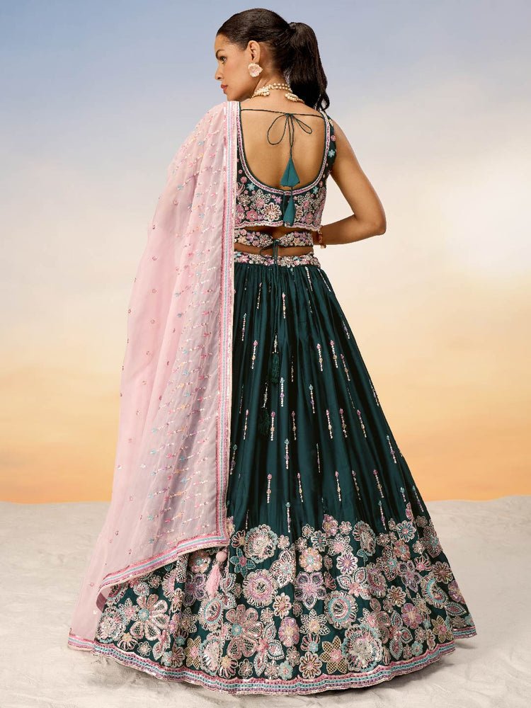 Women Green Satin Silk Sequins with heavy Sequins embroidery Lehenga choli & Dupatta