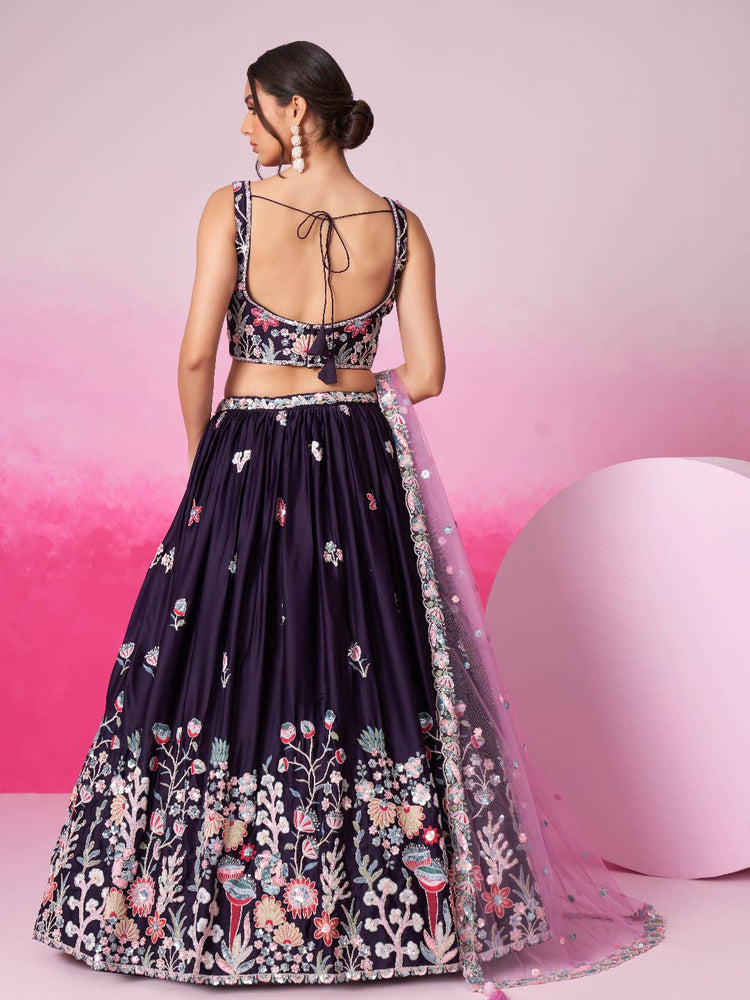 Women Purple Satin Silk Sequin embroidery Lehenga choli & Dupatta