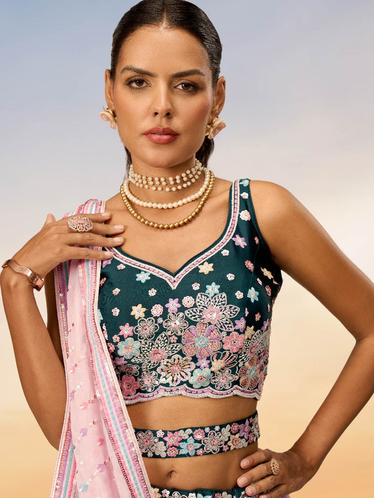 Women Green Satin Silk Sequins with heavy Sequins embroidery Lehenga choli & Dupatta