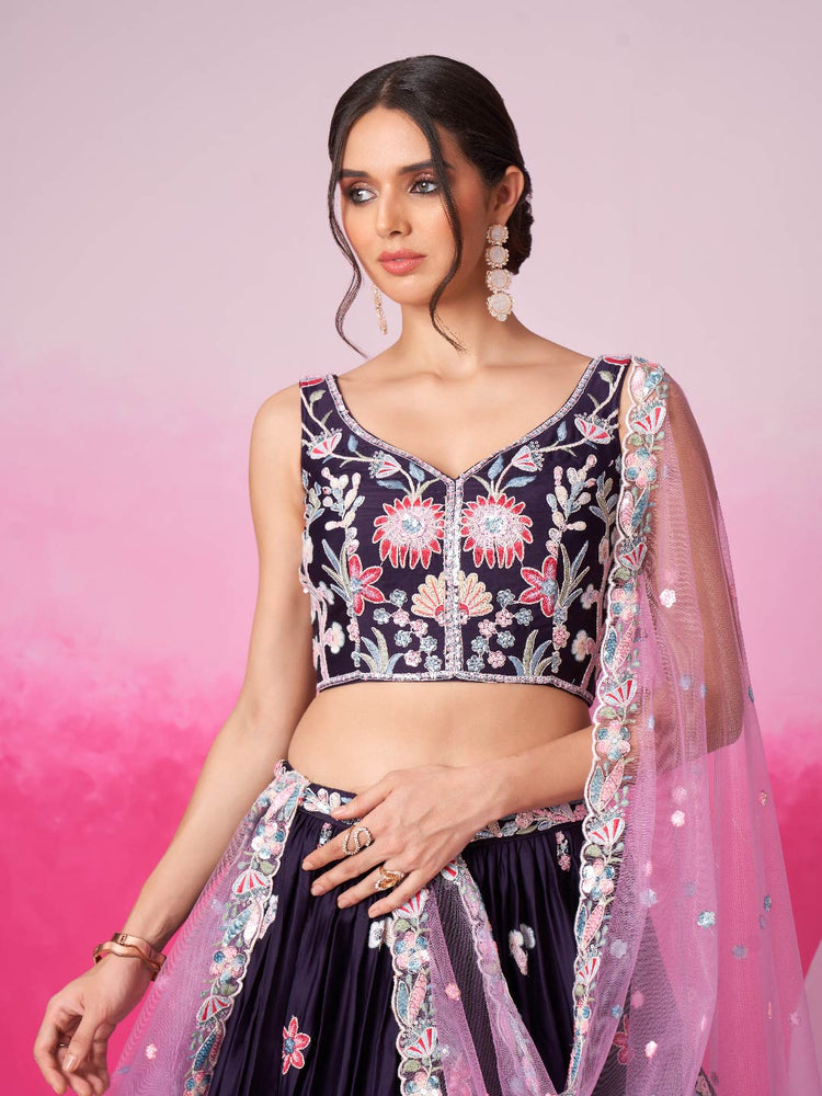 Women Purple Satin Silk Sequin embroidery Lehenga choli & Dupatta