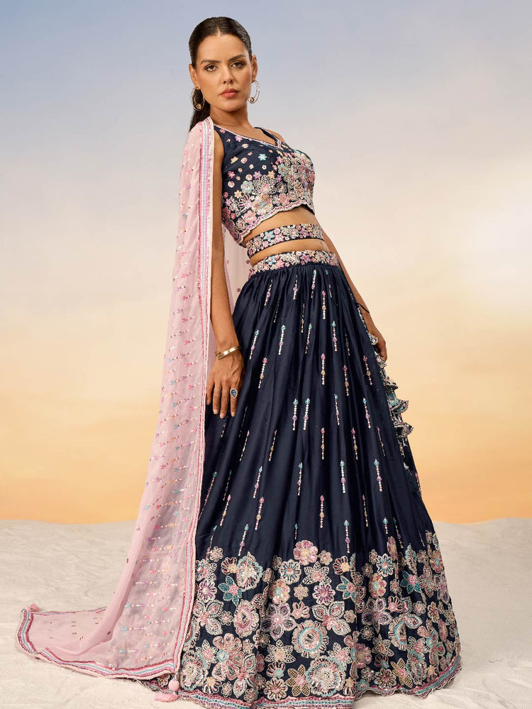 Women Navy Blue Satin Silk Sequins with heavy Sequins embroidery Lehenga choli & Dupatta