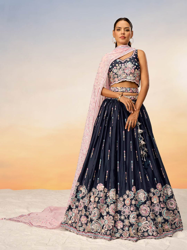 Women Navy Blue Satin Silk Sequins with heavy Sequins embroidery Lehenga choli & Dupatta