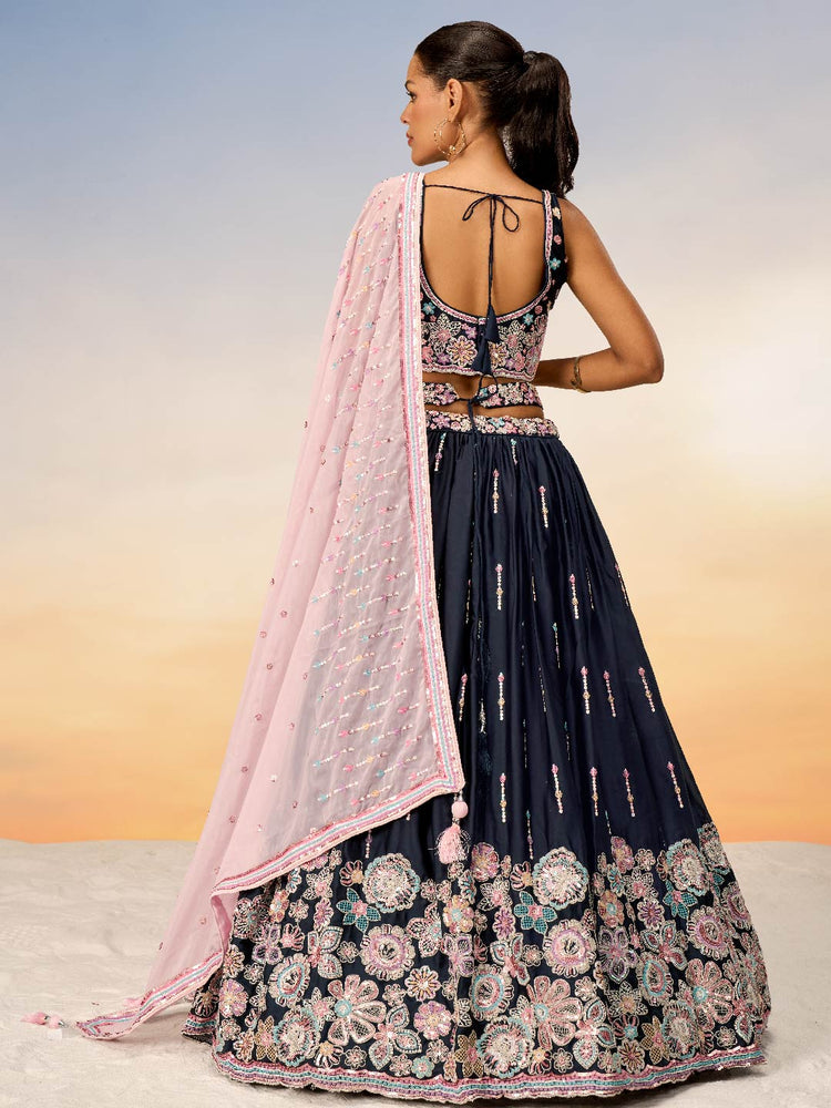 Women Navy Blue Satin Silk Sequins with heavy Sequins embroidery Lehenga choli & Dupatta