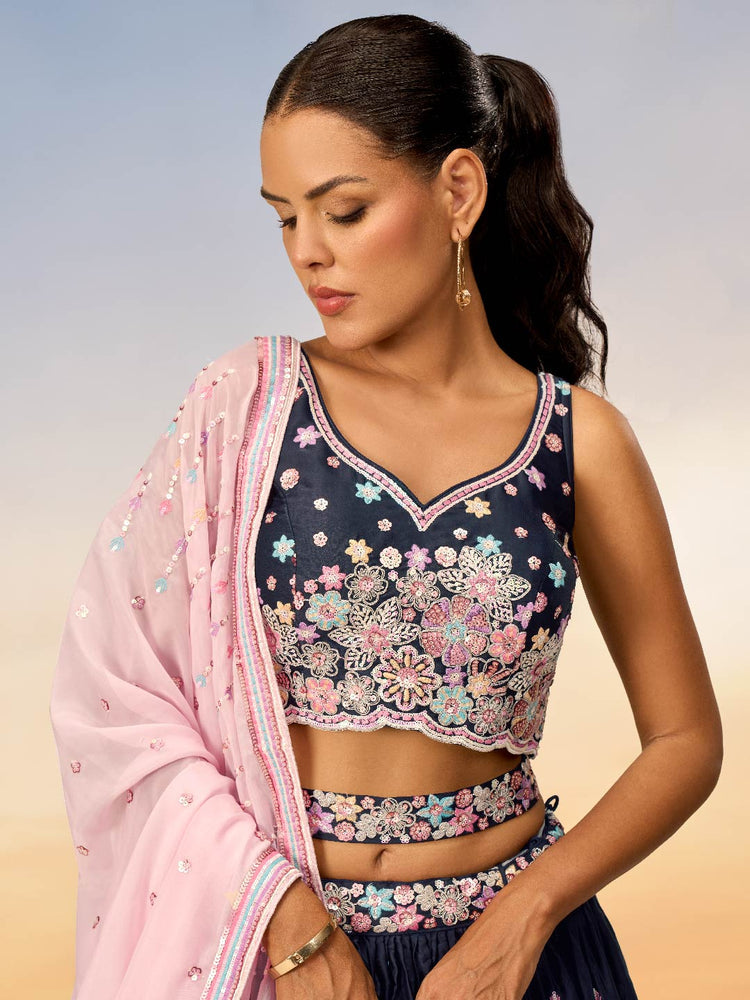 Women Navy Blue Satin Silk Sequins with heavy Sequins embroidery Lehenga choli & Dupatta