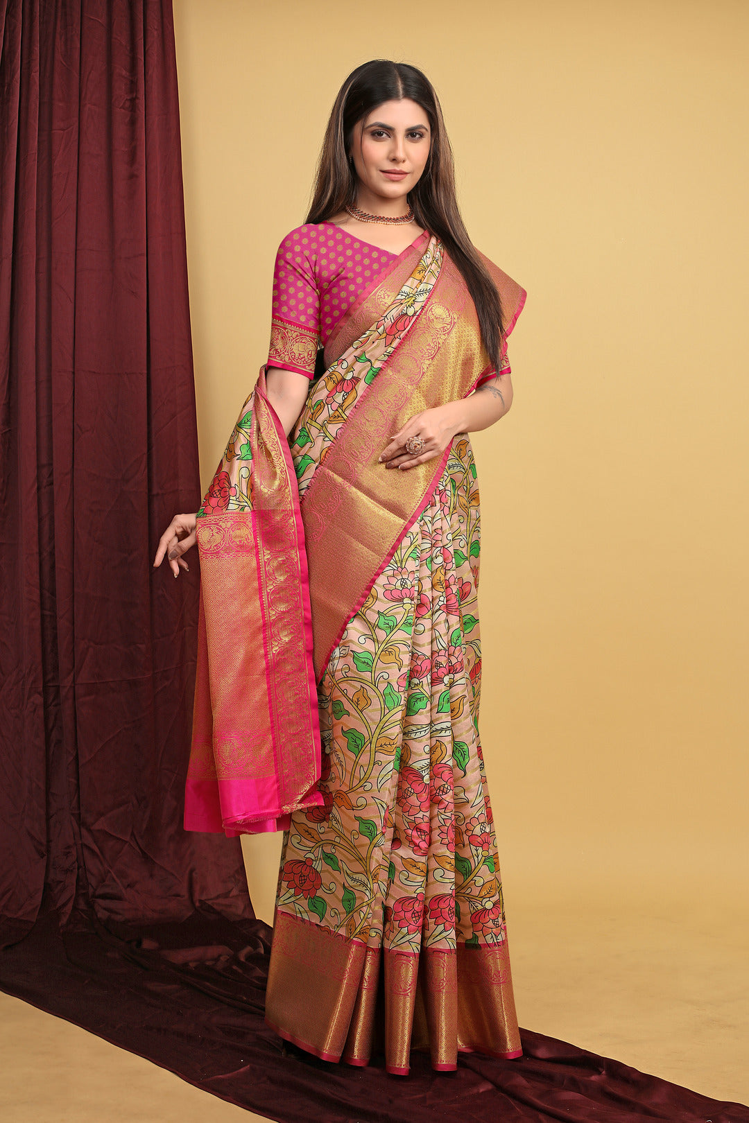 Dhiyona GR Women's Peach Kalamkari Silk Saree