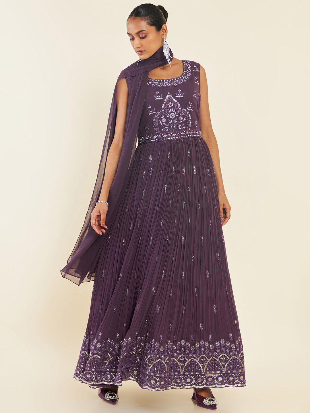 Dhiyona SO Women's Floral Embroidered Anarkali Kurta With Trousers & With Dupatta