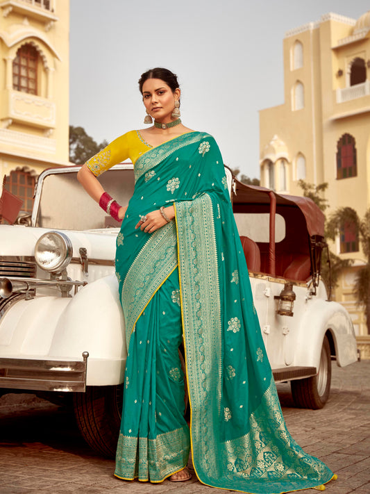 Dhiyona KM Women Green Banarasi Silk Saree With Mustard Embroidered Blousegreen Banarasi Silk Saree