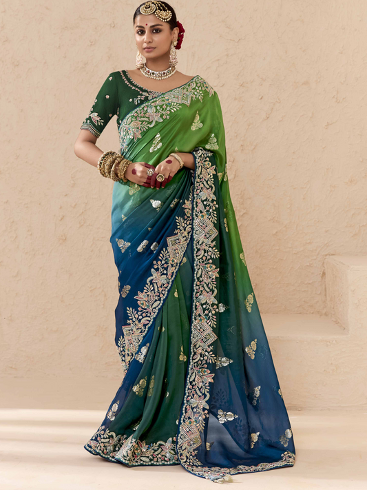 Dhiyona KM Women Peacock Green & Royal Blue Tussar Silk Saree